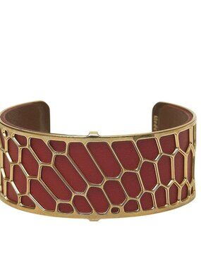 LES GEORGETTES Gold Plated Cuff Bracelet Red Leather Honeycomb Design France